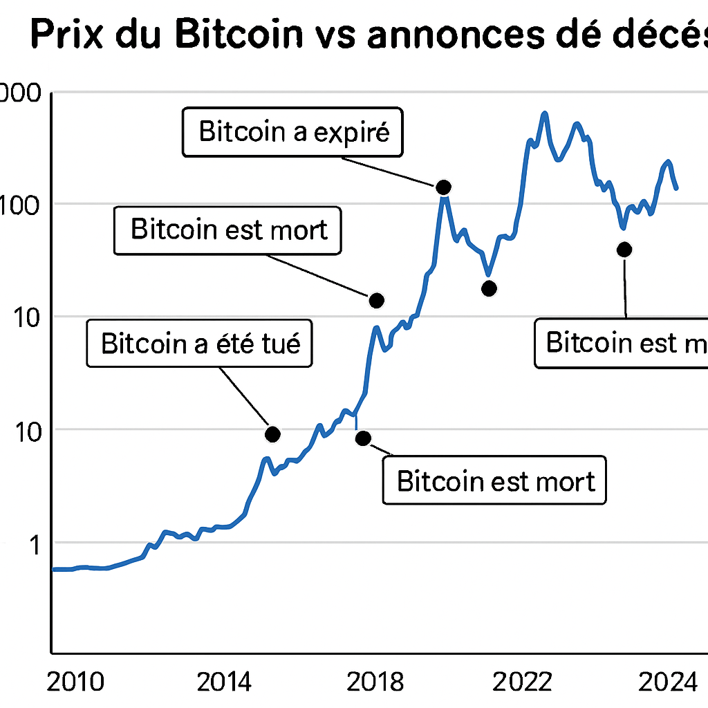 découvrez combien vous auriez gagné en investissant à chaque fois que bitcoin a faussement annoncé sa mort, avec 446 cas de faux décès analysés.