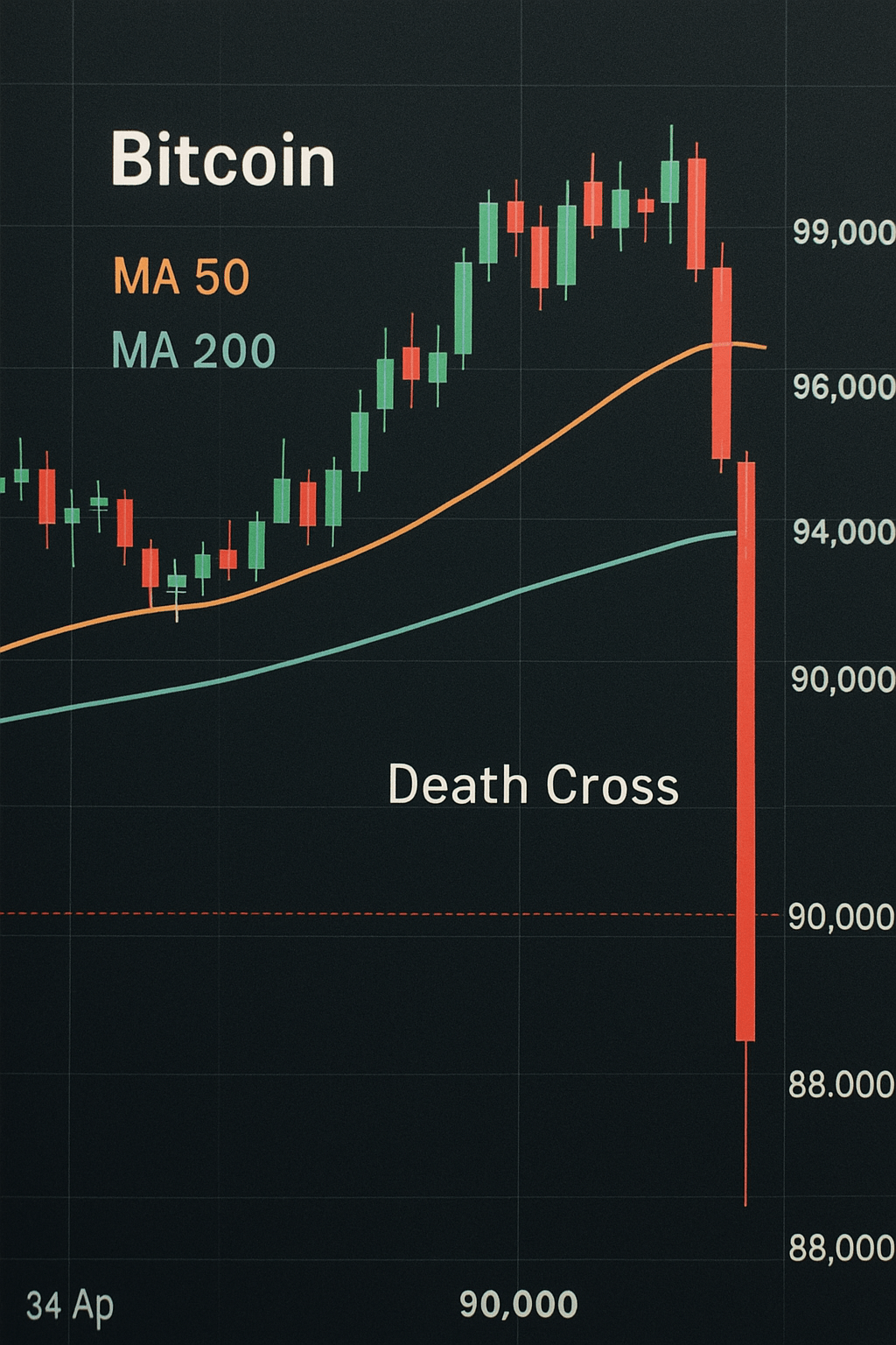 bitcoin chute après la formation d'une 'croix de la mort' et teste le seuil des 90 000 $. analyse des prévisions baissières et perspectives d'une possible baisse vers 75 000 $.